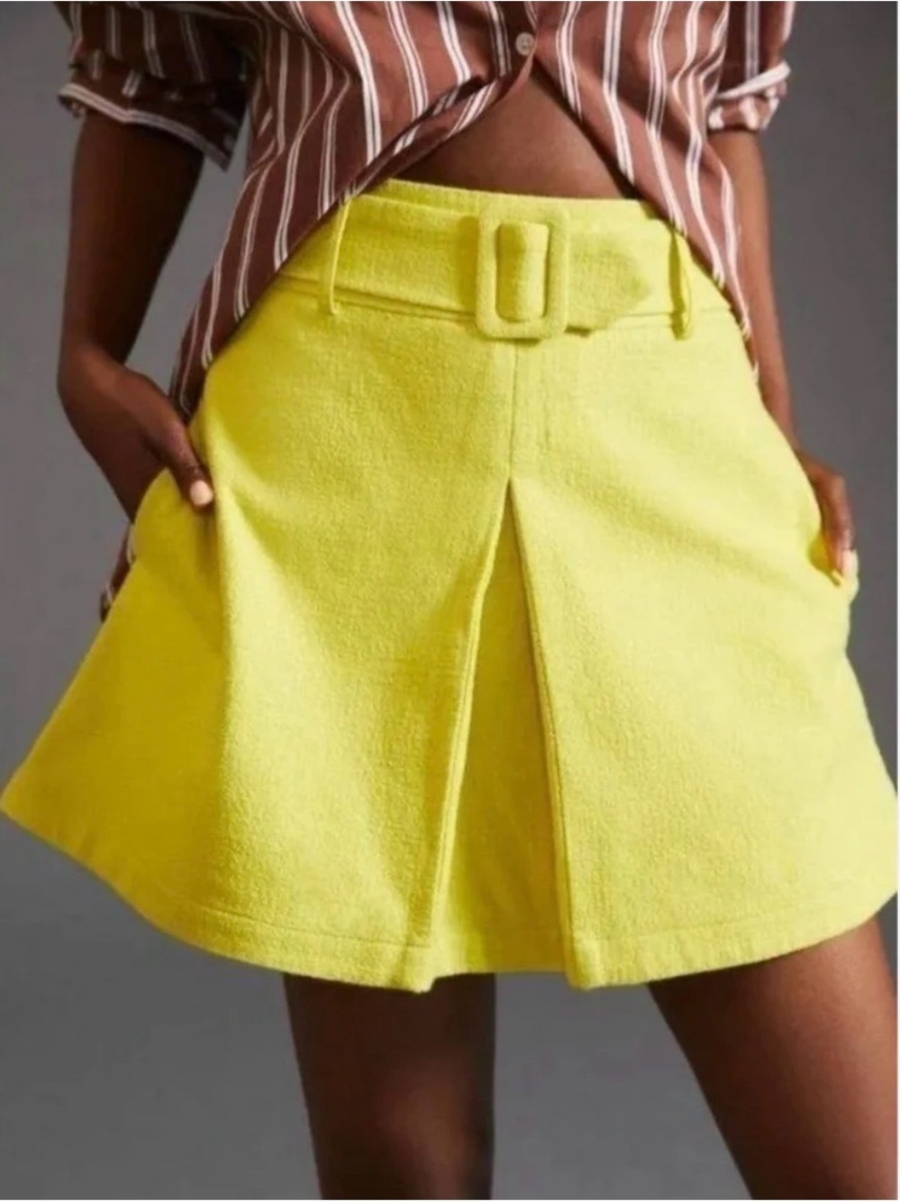 Anthropologie Maeve Chartreuse Belted Pleated A-Line Skirt Size 14